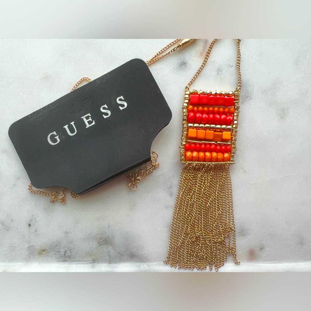 NWT Guess Boho gold chain necklace with pink, orange and ruby beading